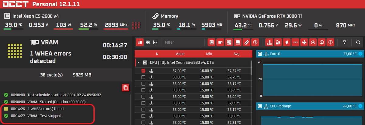 WHEA errors detected VRAM OCCT
